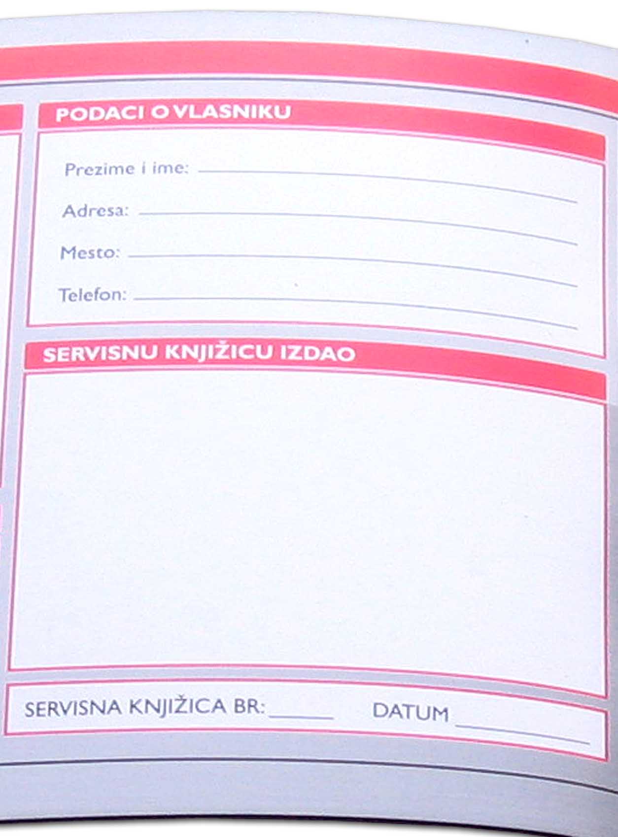 Podaci o vlasniku i izdavaocu servisne knjižice